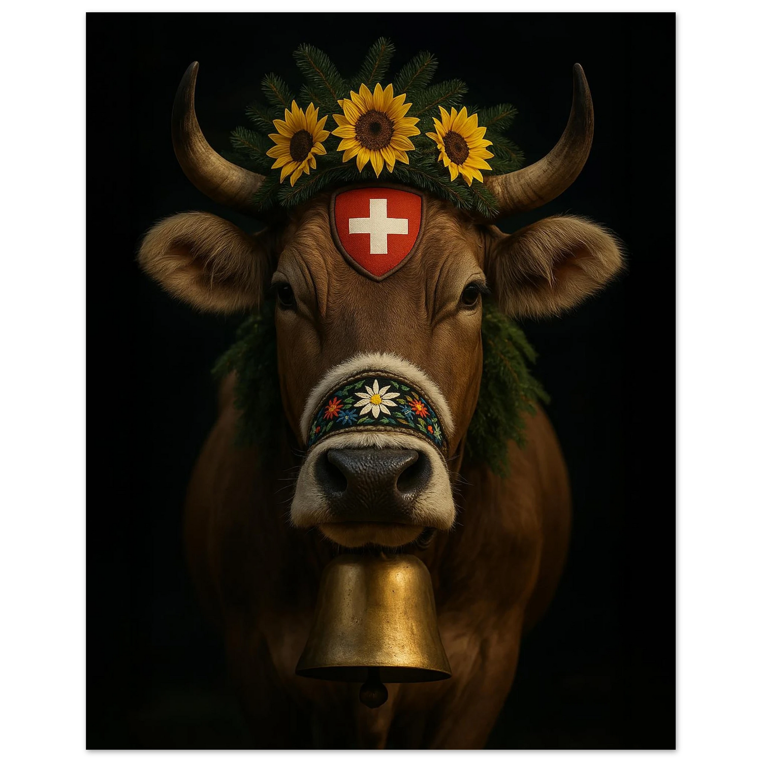 Poster of a traditional Swiss cow decorated for the Alpaufzug, featuring a floral crown of sunflowers and fir branches, an embroidered noseband with Alpine flowers, the Swiss coat of arms, and a large brass bell. Ideal for rustic home decor or Swiss-themed interiors. Available in multiple sizes, printed on semi-glossy FSC-certified paper. Be proud. Be kind. Be wild – by Dezinbazar.
