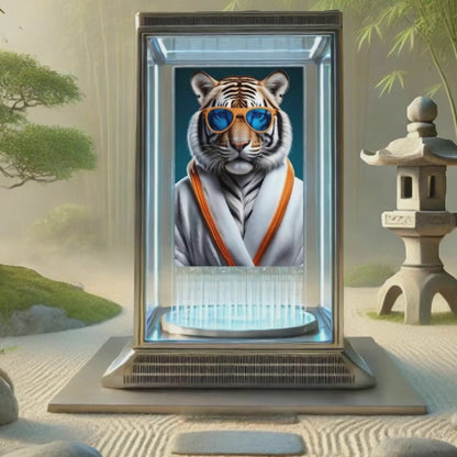 White Wellness Tiger Digital Print – Tiger in Bathrobe, High Resolution Art Download, Relaxing Wall Art for Home