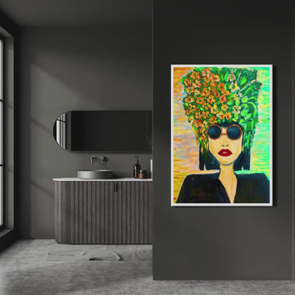 Pop Art Poster mit Holzrahmen – Frau mit Blumenkrone