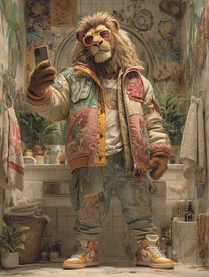 Lion Poster Funny Jungle King in Colorful Streetwear Urban Animal Wall Art for Bathroom or Living Room | Poster by Dezinbazar