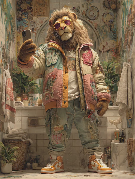 Lion Poster Funny Jungle King in Colorful Streetwear Urban Animal Wall Art for Bathroom or Living Room | Poster by Dezinbazar