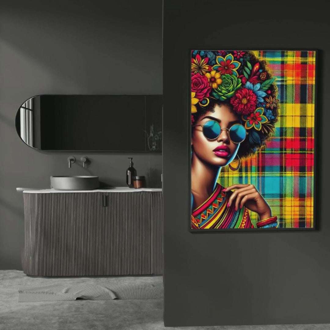 Afro Pop Art Digitalprint – Sofort-Download, Madras Muster aus Guadeloupe, Karibische Wandkunst, Digitale Kunst für Zuhause, Farbige Kunst für Wohnzimmer